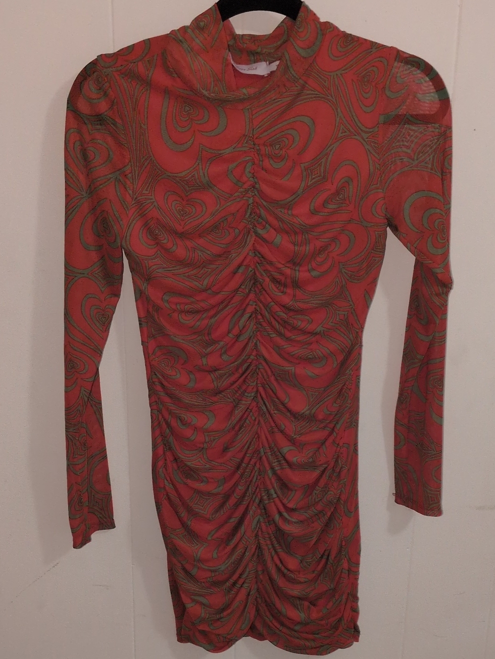 Lisa Says Gah Red and Olive Green Ruched Long-Sleeve Dress. 31" Long. 12"Across